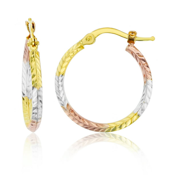 Round Curled Diamond Cut Hoop Earrings 14k Yellow White Gold Satin Finish Fancy Two Tone 35 x 2 mm 